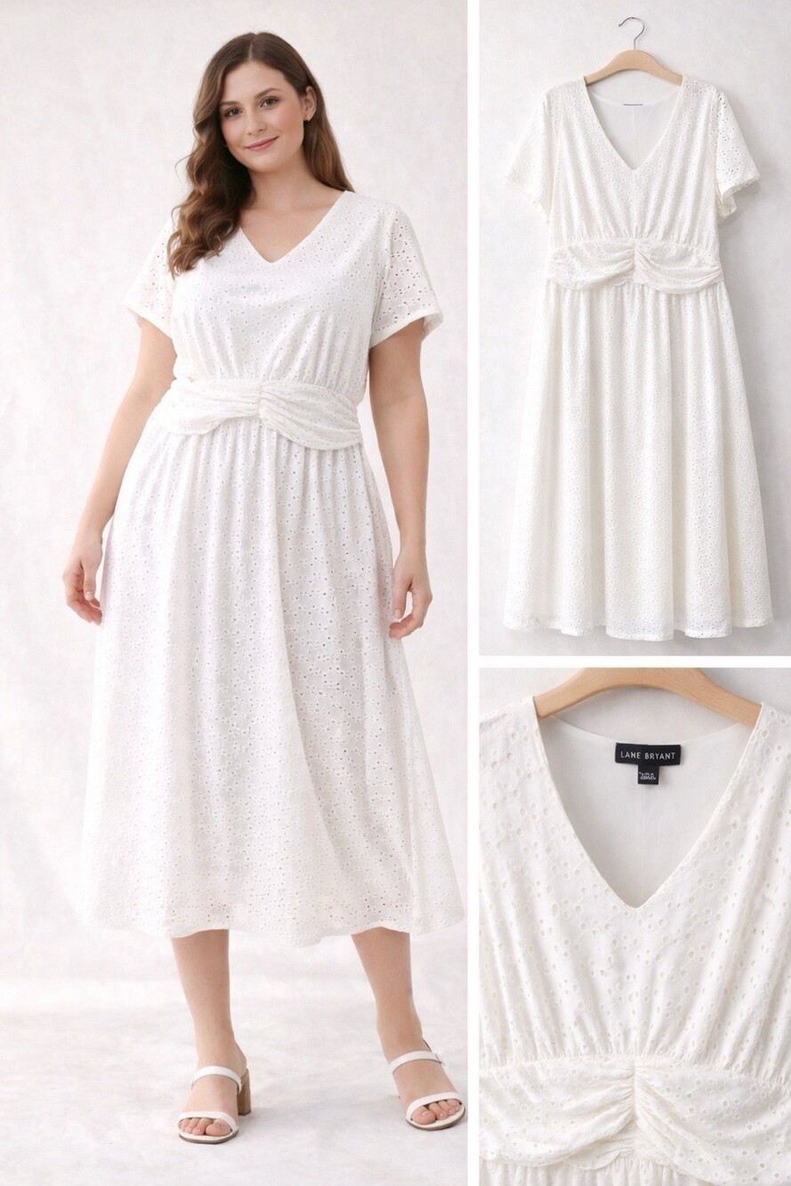 Lane Bryant Eyelet Lace Dress 14/16 Cream Ivory V-Neck Empire Waist Midi Boho